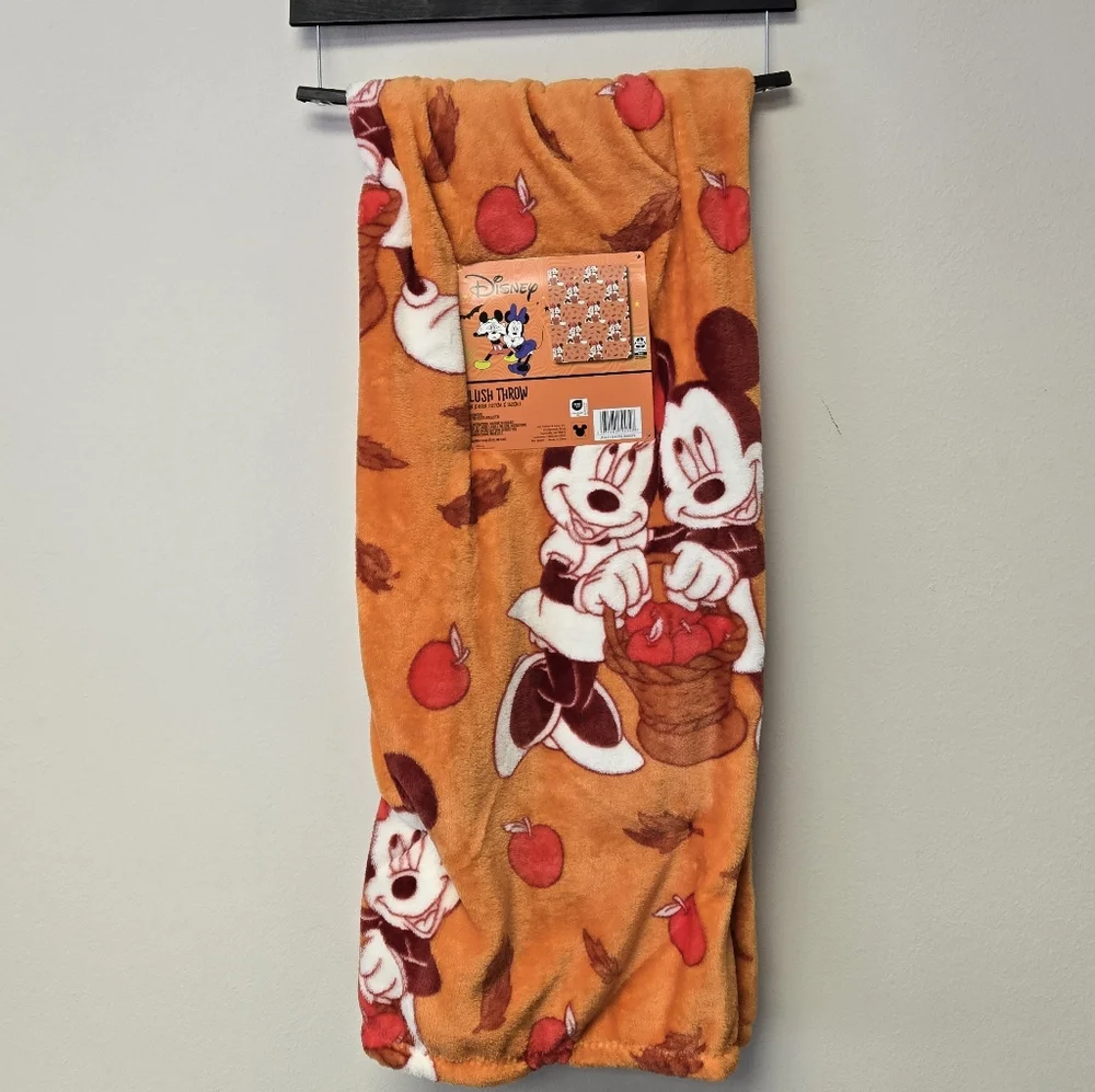 Disney Mickey Mouse Minnie Fall Leaves and Apples Plush Throw Blanket Orange